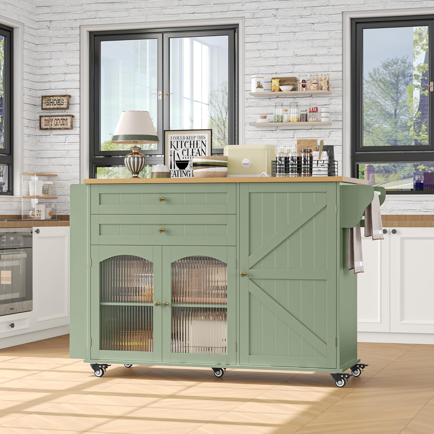 FINETONES Kitchen Island with Storage, Rolling Kitchen Island on Wheels with Wood Drop Leaf Countertop, Island Table Bar Cart with Spice Towel Rack Portable Kitchen Table Kitchen Carts on Wheels