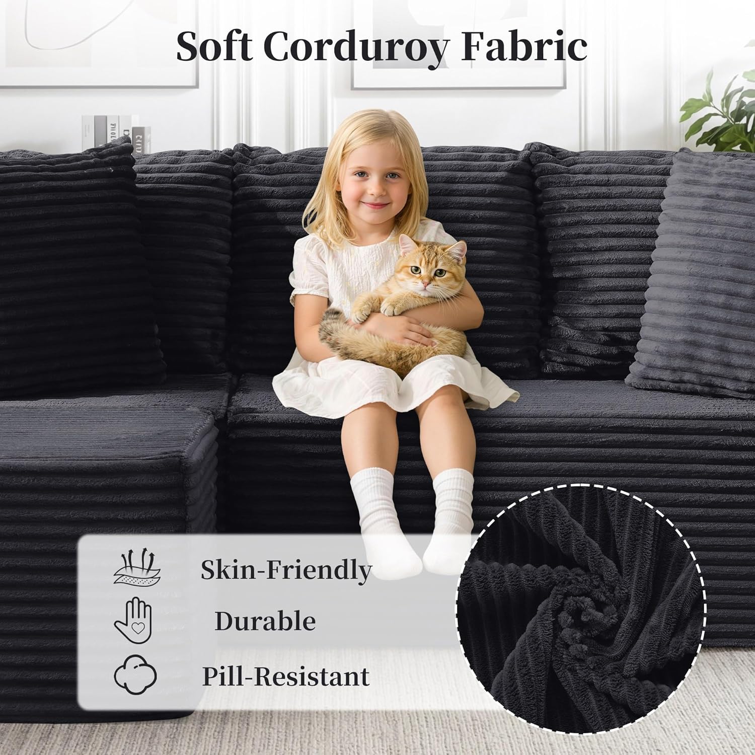 Korser Cloud Modular Sectional Sofa with L-Shaped, Boneless Couches for Living Room, Fluffy Comfy Corduroy Deep Seat with Ottoman, Bedroom, Apartment, No Assembly Required