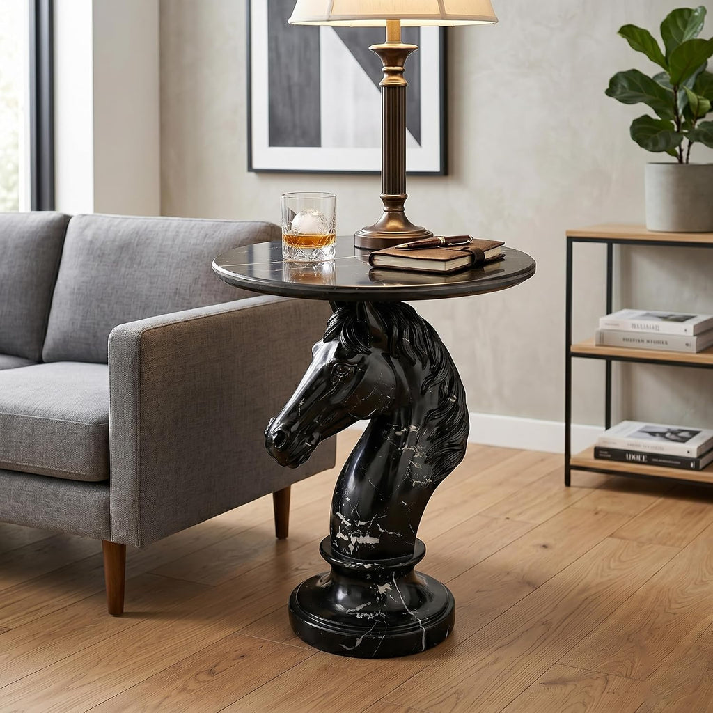 Sleek Black Horse End Table - Gothic Style 23.62 Inch Resin Knight Statue Side Table, Round Faux Marble Top Accent Table for Living Room, Minimalist Chess Piece Sculpture Furniture, 22.05 LBS