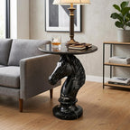 Sleek Black Horse End Table - Gothic Style 23.62 Inch Resin Knight Statue Side Table, Round Faux Marble Top Accent Table for Living Room, Minimalist Chess Piece Sculpture Furniture, 22.05 LBS