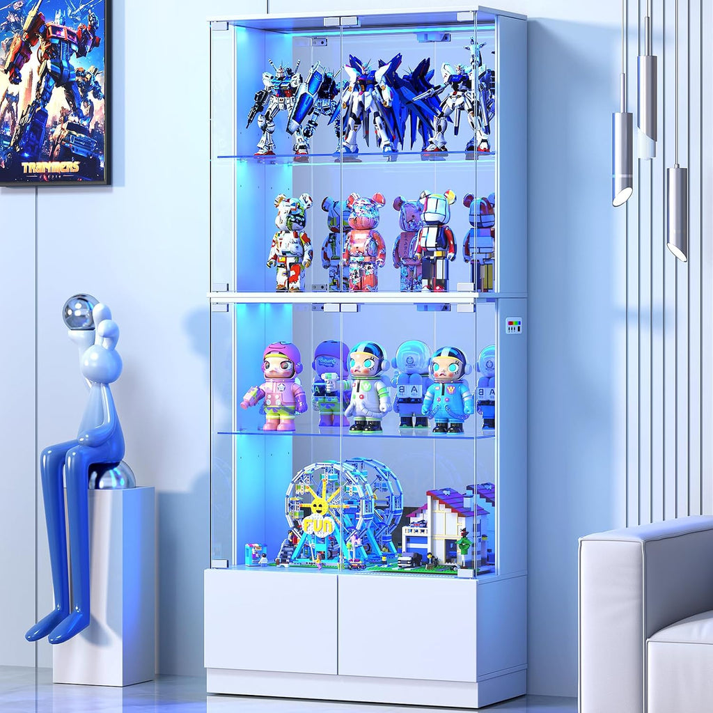 VersionTECH. Display Cabinet with Glass Doors, 4-Tier Curio Cabinet with RGB Lights for Collectibles, Display Case with 2 Drawers, Adjustable Glass Shelves, Human Body Sensor, Mirror Backing, White