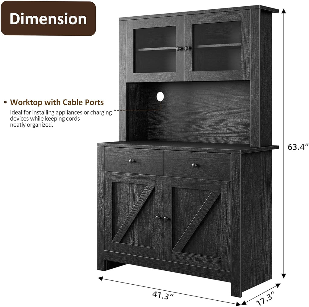 IDEALHOUSE 63" Kitchen Pantry Cabinet with Drawers, Hutch Cabinet with Storage, Microwave Stand, Adjustable Shelves, Freestanding Tall Pantry Storage for Dining Room, Living Room, Black