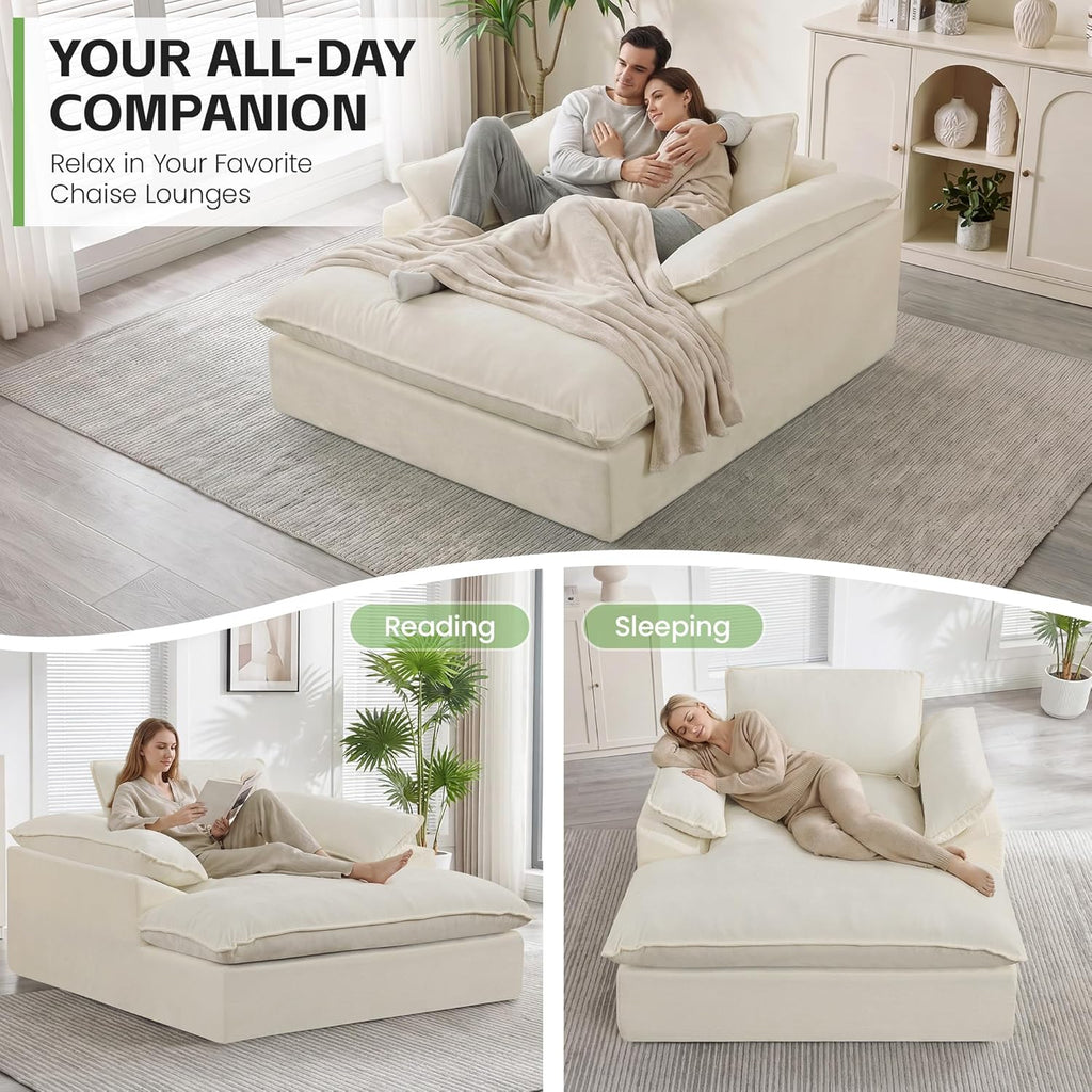 HUBSON 69" Oversized Boneless Chaise Lounge Chair Indoor, Comfy Deep Seat Sleeper Lounge Couch, Upholstered Chenille Cloud Chairs for Living Room, Bedroom, Apartment, No Assembly Required, Beige