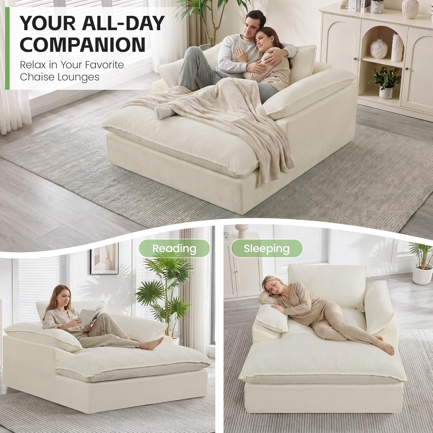 HUBSON 69" Oversized Boneless Chaise Lounge Chair Indoor, Comfy Deep Seat Sleeper Lounge Couch, Upholstered Chenille Cloud Chairs for Living Room, Bedroom, Apartment, No Assembly Required, Beige