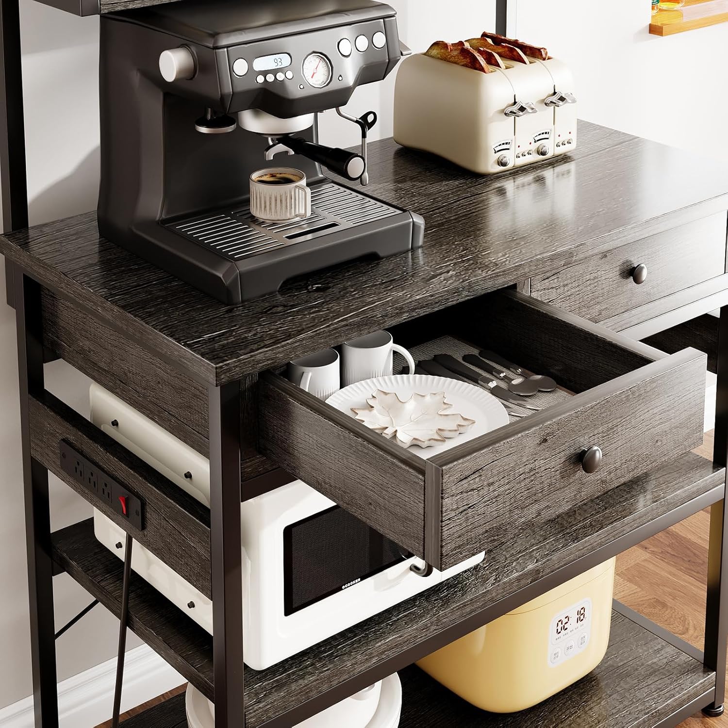 Mexin Baker's Rack with Power Outlet, 5-Tier Kitchen Storage Shelf with 2 Drawers, Industrial Microwave Stand Coffee Bar Station, 58.5" Heavy Duty Utility Rack for Spice Pots and Pans, Gray Oak