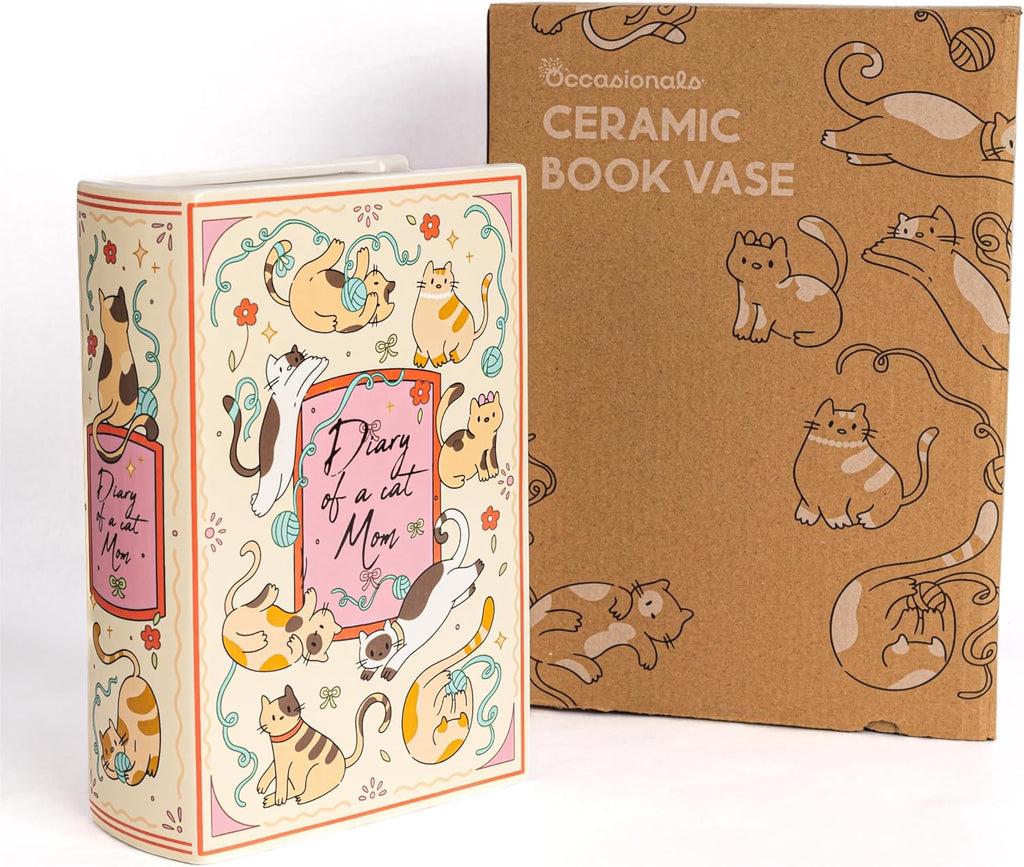 Occasionals Book Shaped Ceramic Vase, for Home Decor, Cute Bookshelf Decor, Unique Gift for Book Lovers, Readers, Cat Lovers and Cat Mom. Decorative Flower Vase for Home Office, Kitchen, Bookshelf