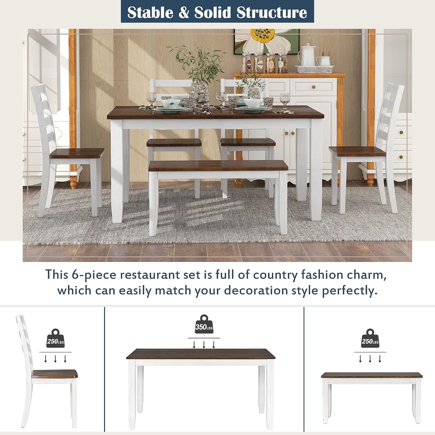 Harper & Bright Designs Rustic 6-Piece Dining Set with Table, 4 Chairs & Bench | Farmhouse Kitchen Table Set with Ergonomic Seating for Dining Room (Walnut + Cottage White)