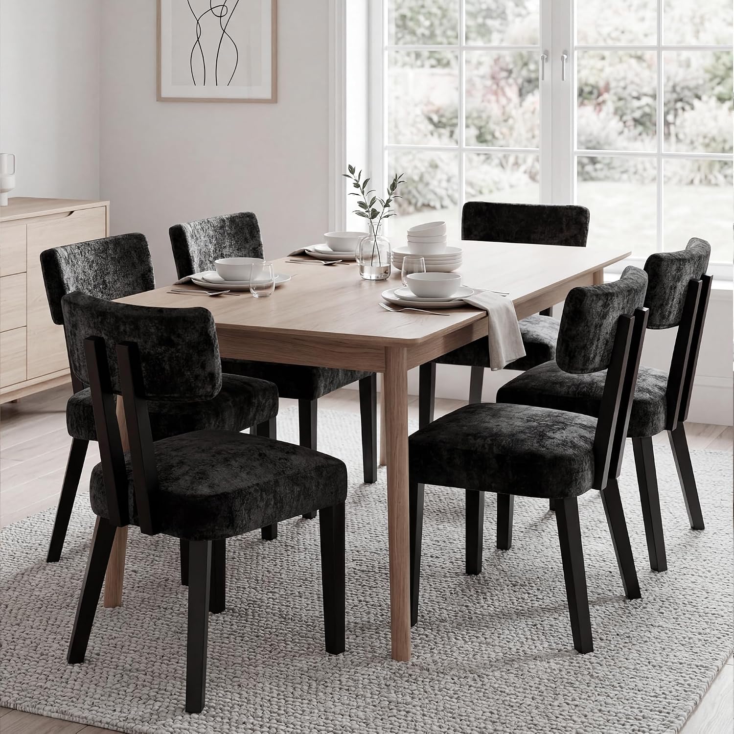 GOTMINSI Mid Century Modern Dining Chairs,Velvet Farmhouse Upholstered Kitchen Chairs, Accent Curved Backrest Dining Room Chairs with Hardwood Legs (Black, 4PCS)