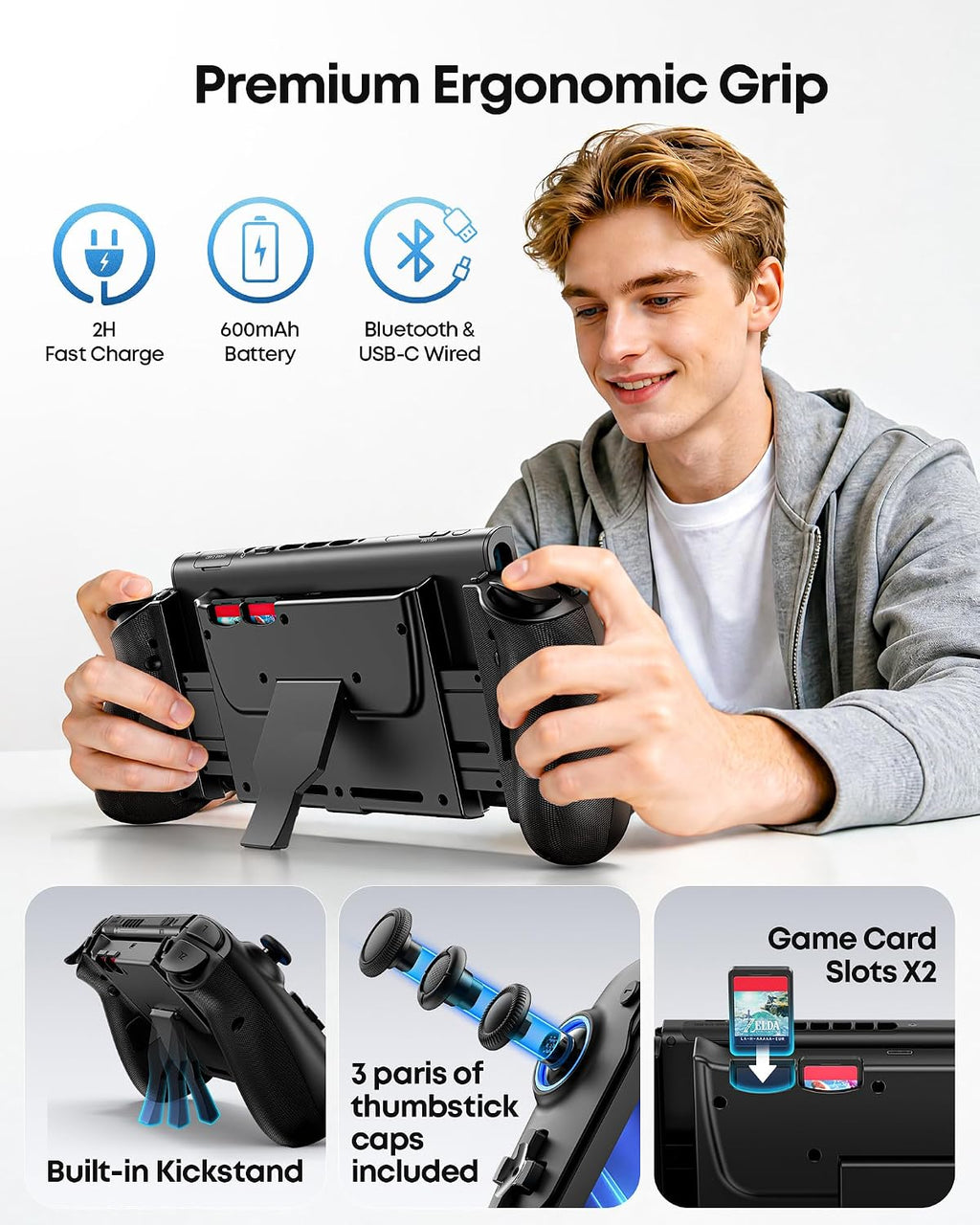 Handheld Grip Controller for Switch 1/2/OLED, Ergonomic Stretch Joypad with TMR Joysticks, Wireless Controller for SW Console, Switch Accessories with RGB Lighting, Turbo, 4 Macros & Card Slot
