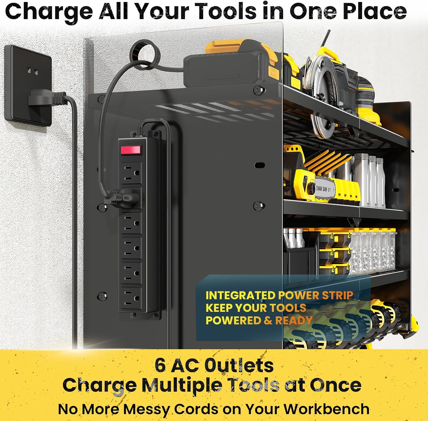 Hipidian Adjustable Power Tool Organizer Wall Mount with Charging Station - 650lb Capacity 4 Layer Heavy Duty Storage Rack with 8 Drill Holders for Garage Workshop Tools, Gifts for Men