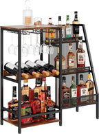 Versatile Liquor Stand for Home Bar, Wine Rack Freestanding Floor, Mini Bar Table for Liquor Whiskey Wine, 3-Tier Trapezoidal Liquor Bottle Display Shelf with Glass Holder and Fences(Patent Pending)