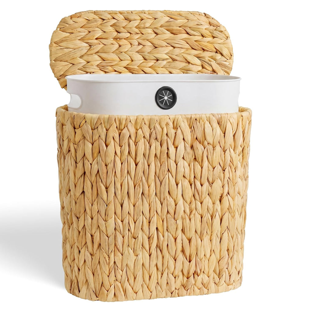 iEGrow 3 Gallon Wicker Trash Can, Bathroom Trash Can with Lid, Narrow Natural Water Hyacinth Waste Basket with Removable Liner, Boho Garbage Can for Bedroom, Office, Small Spaces Living Room, Toilet