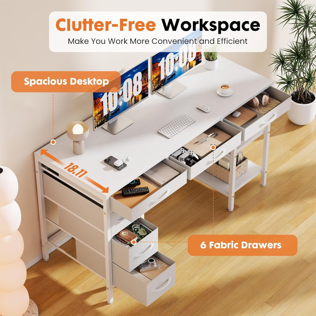 OLIXIS Computer Desk with 6 Drawers, 47 inch Office Desk with Storage Shelves, Reversible Gaming Desk, Corner Desk with Storage Drawers, Work for Home Office, Study, Living Room, White