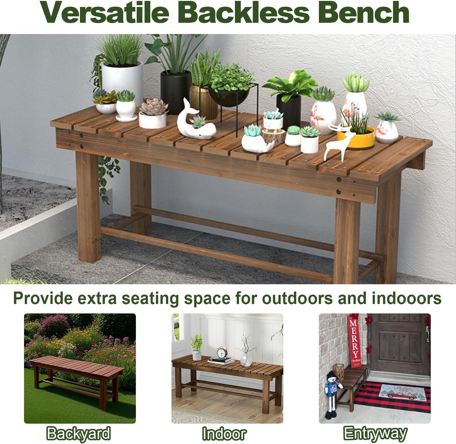 Outdoor Garden Bench, Solid Wood Patio Park Bench All-Weather 2-Person Seat Backless Bench, Anti-Corrosion Anti-Rust Garden Benches for Deck, Porch, Poolside, Yard & Balcony (Black, 35.5 in)