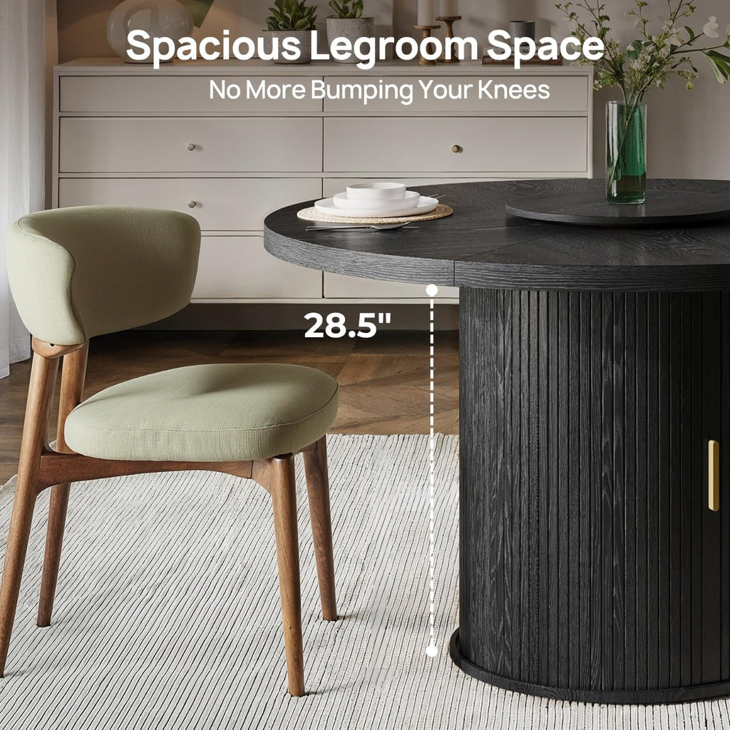 47" Round Dining Table for 6 with Storage (Table Only), Sleek Black Wood Grain, Modern Fluted Ribbed Pedestal, Hidden Cabinet & Lazy Susan, Minimalist Design