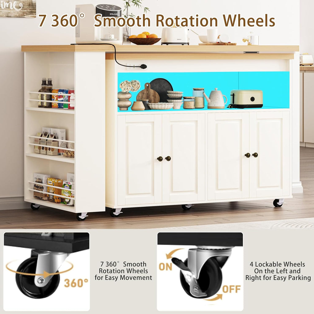 84’’ Rolling Kitchen Island with Swivel Table, Kitchen Cart with LED Lights, Power Outlet, Movable Storage Cabinet with Side Tabletop on Wheels, for Kitchen, Living Room, Home Bar, White