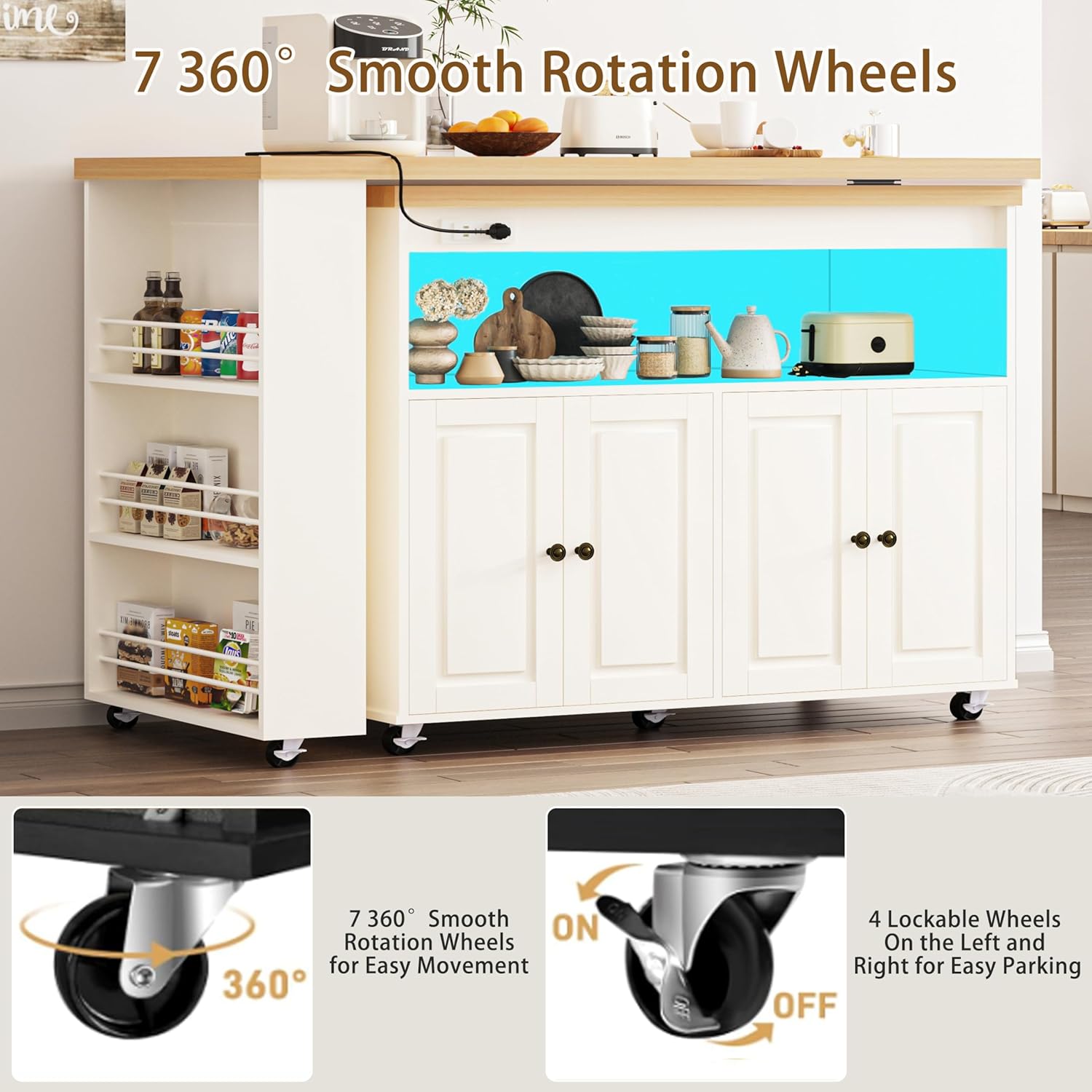 84’’ Rolling Kitchen Island with Swivel Table, Kitchen Cart with LED Lights, Power Outlet, Movable Storage Cabinet with Side Tabletop on Wheels, for Kitchen, Living Room, Home Bar, White
