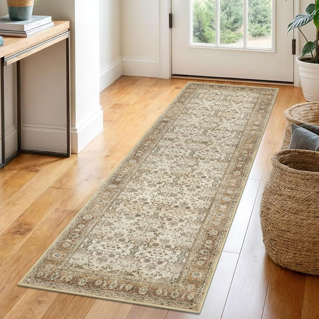 SIILOOM 2x6 Washable Runner Rug for Hallways, Beige Brown Soft Vintage Tribal Kitchen Rugs with Non-Slip, Non-Shedding Tribal Floral Rug for Bedroom Kitchen Porch Laundry Entryway