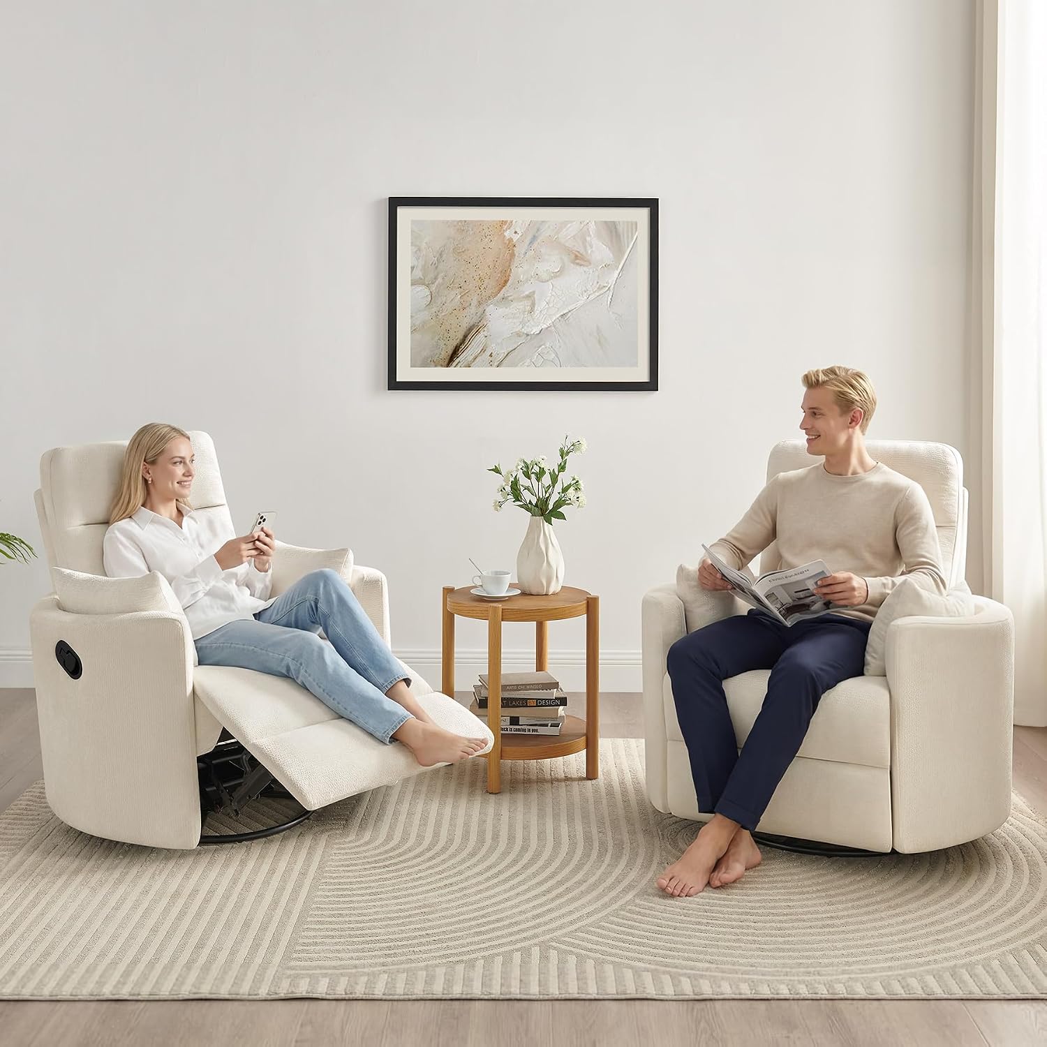 Nursery Rocking Chair, Oversized 360° Swivel Glider Recliner Chair, Chenille Silent Nursery Rocker with 2 Pillows and Footrest, Cozy Reclining Sofa for Living Room, Bedroom, Nursing, Beige