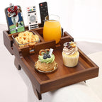 Couch Arm Table with Dual Cup Holders, Acacia Wood Sofa Arm Tray | Fits armless sofas & sectionals, foldable tray for drinks, snacks & remotes, storage slots for neat organization,15.35"x9.85"