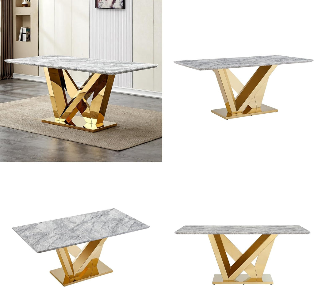 70 Inch Modern Rectangle Dining Table for 6, Faux Marble Top with Mirrored Stainless Steel Base, Large Kitchen Table for Dining Room, Living Room, Office, Conference, (Table Only) (Gold + Grey)