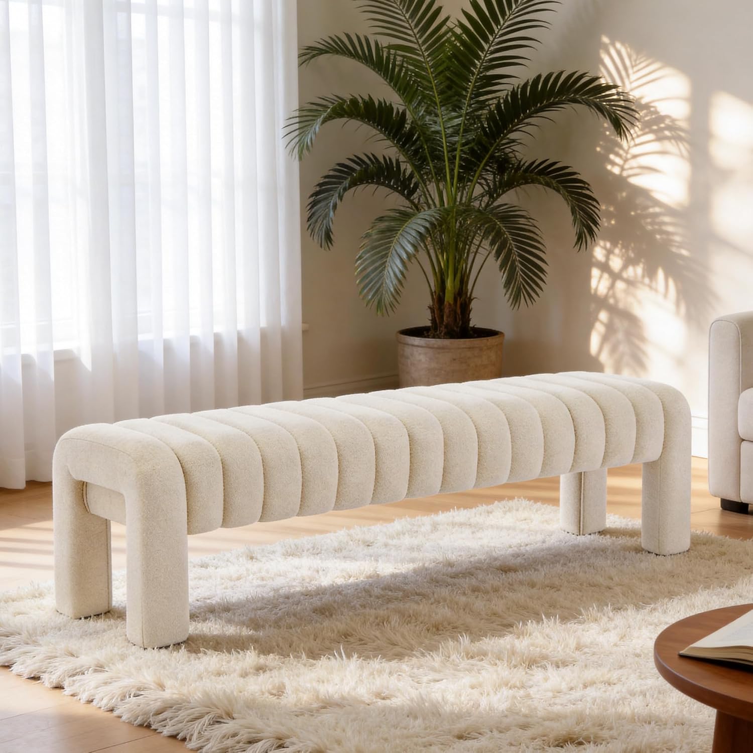 63" Bedroom Bench, Upholstered Entryway Bench, Modern End of Bed Ottoman with Solid Wood Legs and Adjustable Foot Pegs for Entryway, Dining Room and Living Room (Beige Linen)