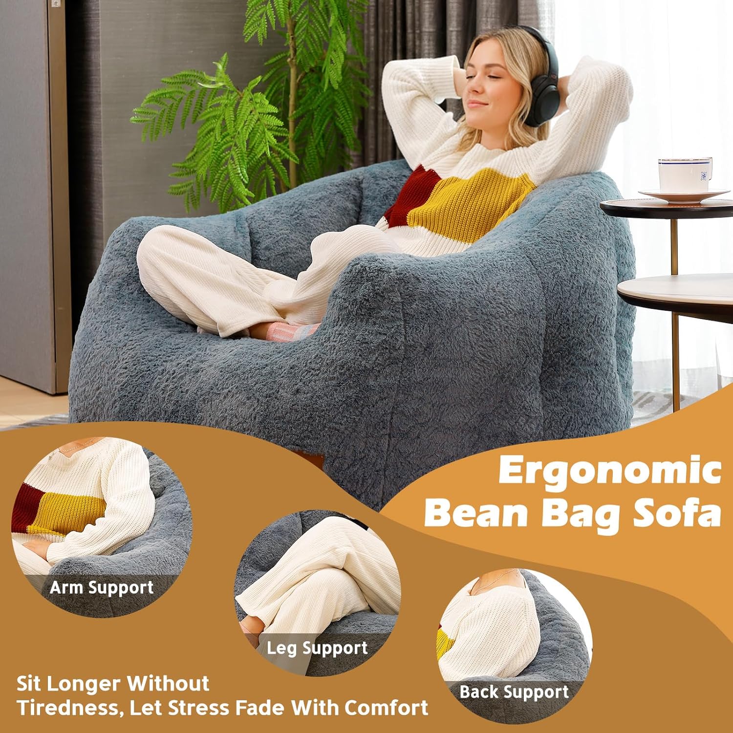 Giant Bean Bag Chair for Adults, Teens and Kids, Cozy Fluffy Corduroy Beanbag Chair with Filler, Large Floor Lounge Sofa for Living Room, Bedroom, Dorm, Gaming and Reading (XL-Navy)