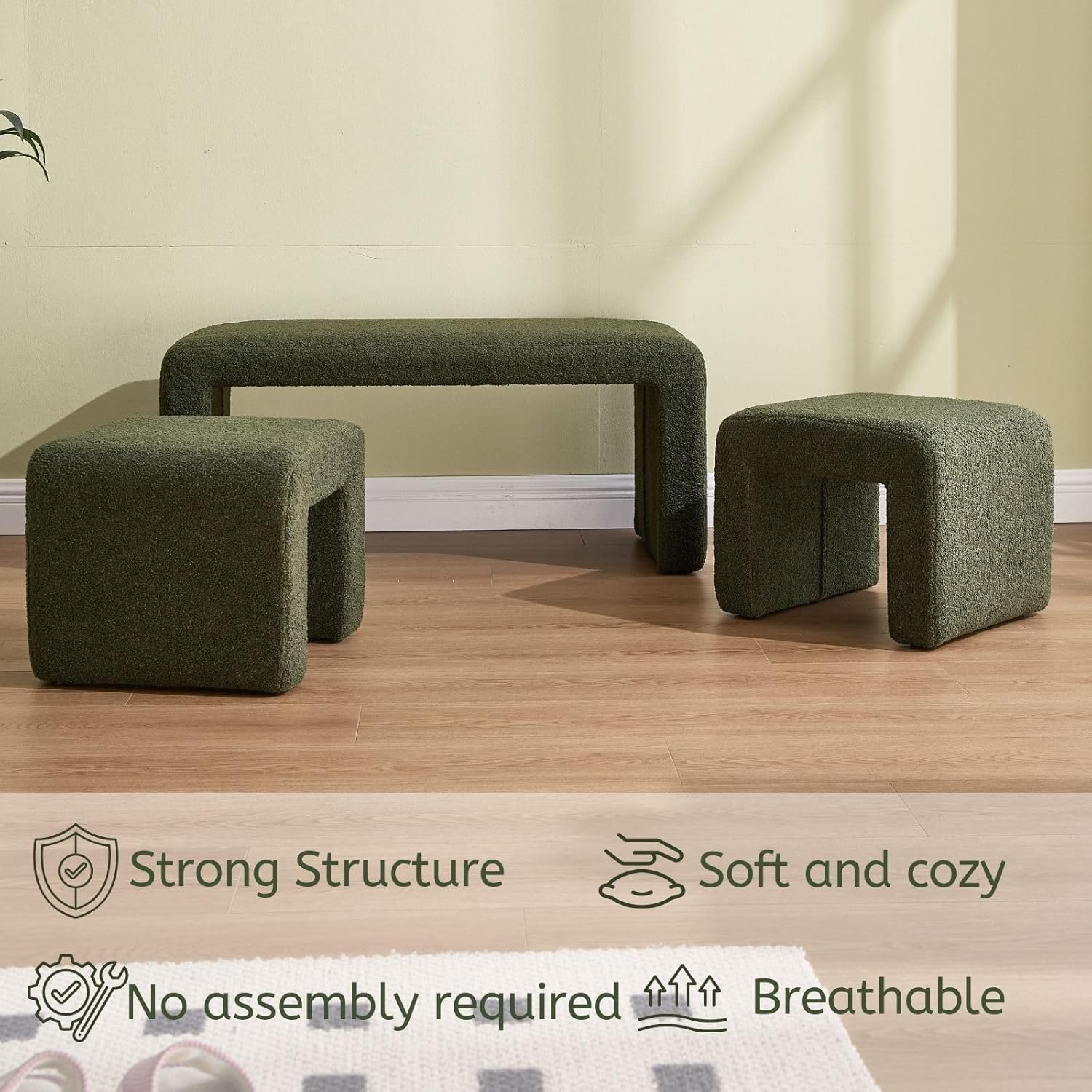 LukeAlon 3-Piece Nesting Ottoman Bench Set, 40.5" Wide Upholstered End of Bed Bench with 2 Small Stools Sherpa Comfy Entry Bench Vanity Stools Modern Arched Bench for Living Room Bedroom, Green