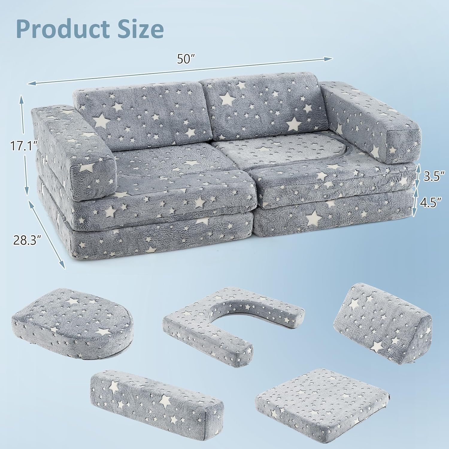 INFANS Modular Kids Play Couch, 10PCS Fluorescent Toddler Creative Sectional Fort Building Sofa for Playroom, Bedroom, Children Convertible Soft Foam Furniture Playset Floor Cushion Boys Girls