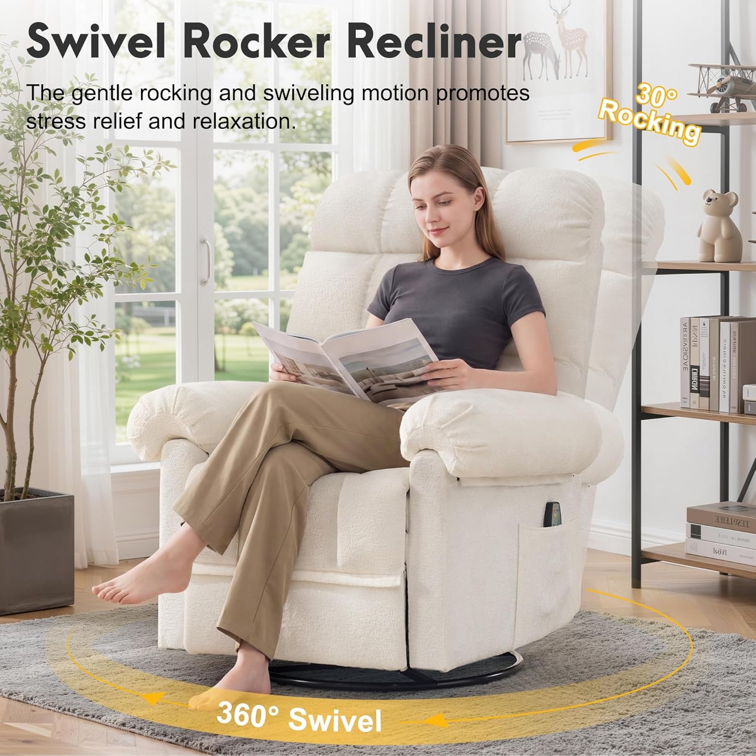 Korser 360° Swivel Rocker Recliner Chair, Rocking Chair Nursery with Massage and Heat, Small Recliners for Small Space, Manual Reclining Chair with Cozy Chenille Fabric, Side Pockets for Living Room