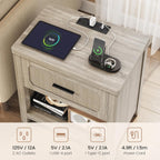 Rattan Nightstand Set of 2 with Charging Station, 22'' Wide Bedside Table with Drawer & Open Shelf, Wood Night Stand End Side Table with Storage for Bedroom, Grey Oak
