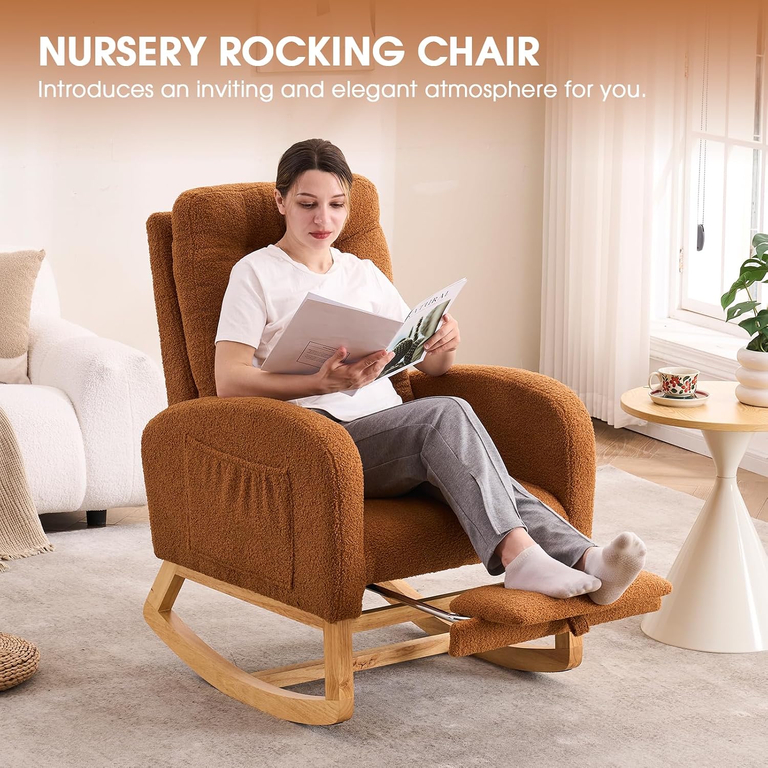 NIOIIKIT Modern Nursery Rocking Chair with Footrest, Teddy Upholstered Recliner Glider Chair with Diamond Shape Back, Tufted Rocking Chair with Side Pocket, Cozy Rocker Reading Chair (Brown)