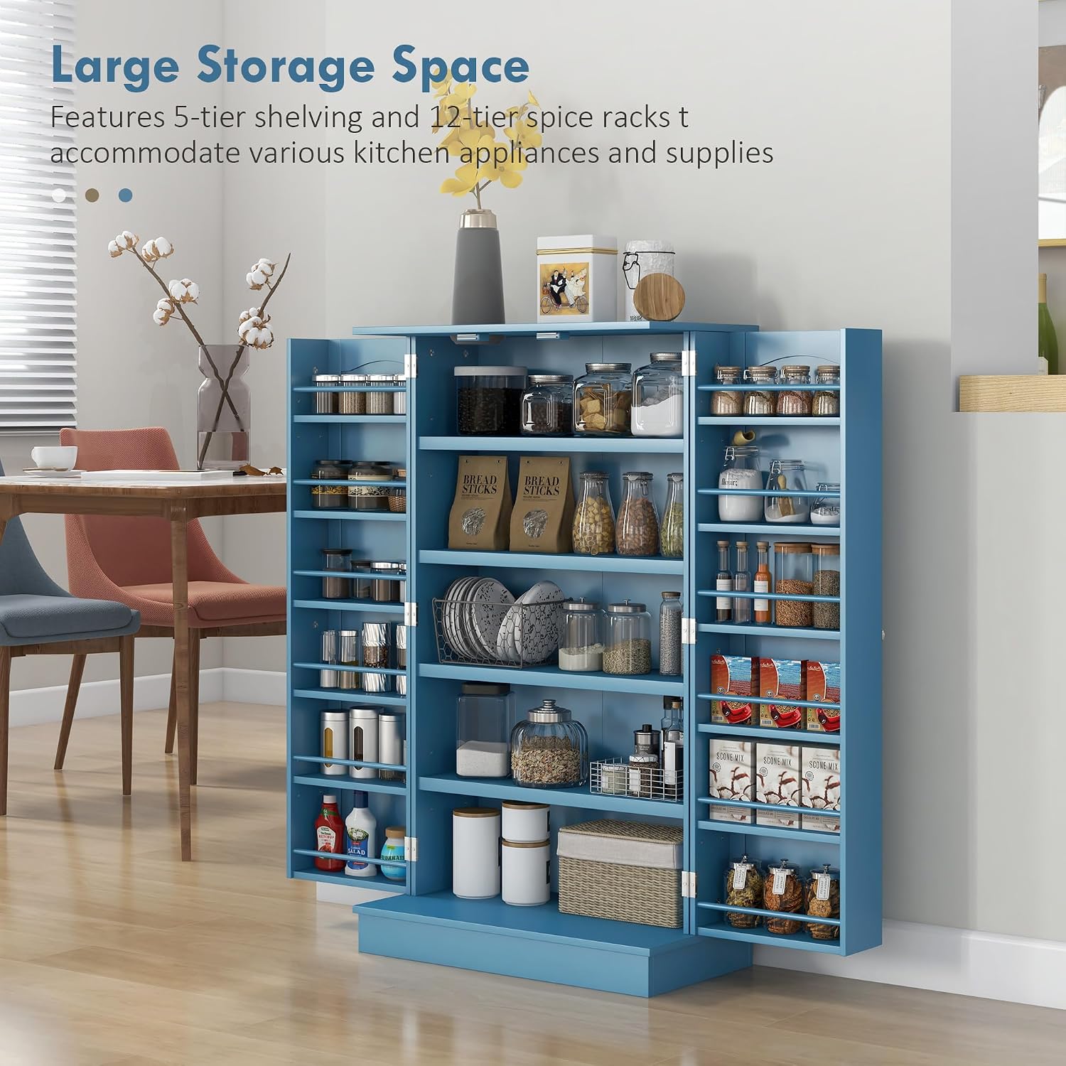 Storage Cabinet, 41" Kitchen Pantry with 12 Door Shelves and Adjustable Shelving, Double Doors, Blue