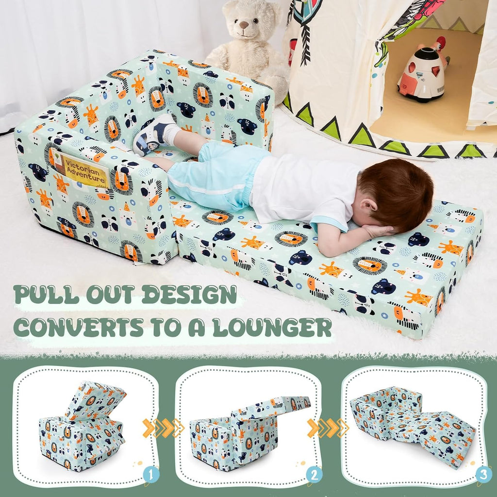 Kids Sofa, Comfy 2-in-1 Toddler Couch Fold Out, Convertible Sofa to Toddler Lounge Chair for Boys and Girls (Animal, Green)