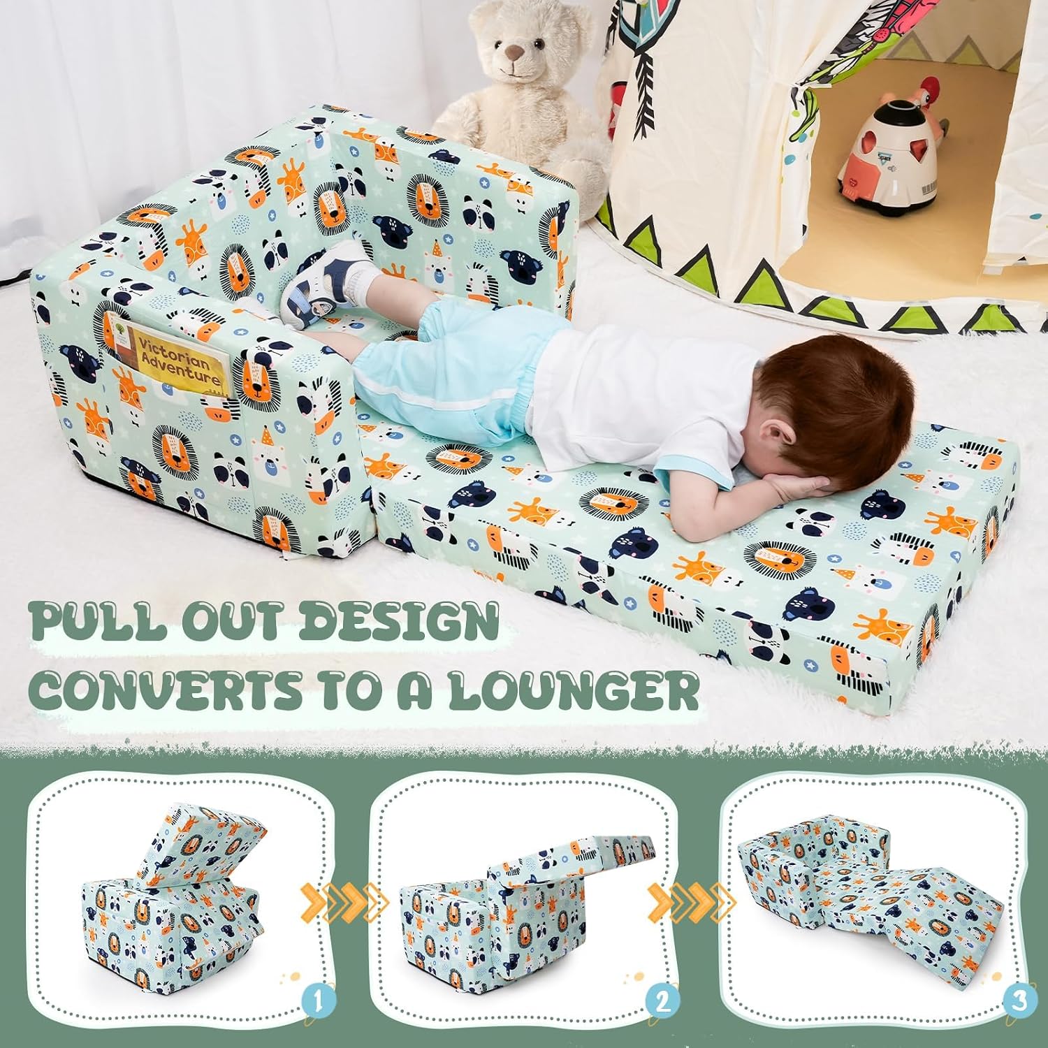 Kids Sofa, Comfy 2-in-1 Toddler Couch Fold Out, Convertible Sofa to Toddler Lounge Chair for Boys and Girls (Animal, Green)