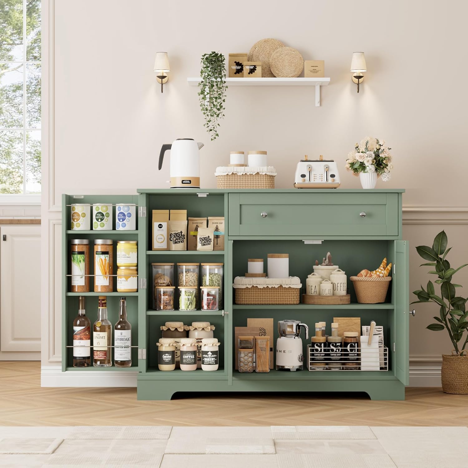 HOSTACK Buffet Cabinet with Storage, Modern Sideboard Buffet with Doors, Wood Coffee Bar Kitchen Storage Cabinet with Drawer and Adjustable Shelf for Kitchen, Dining Room, Living Room, Green