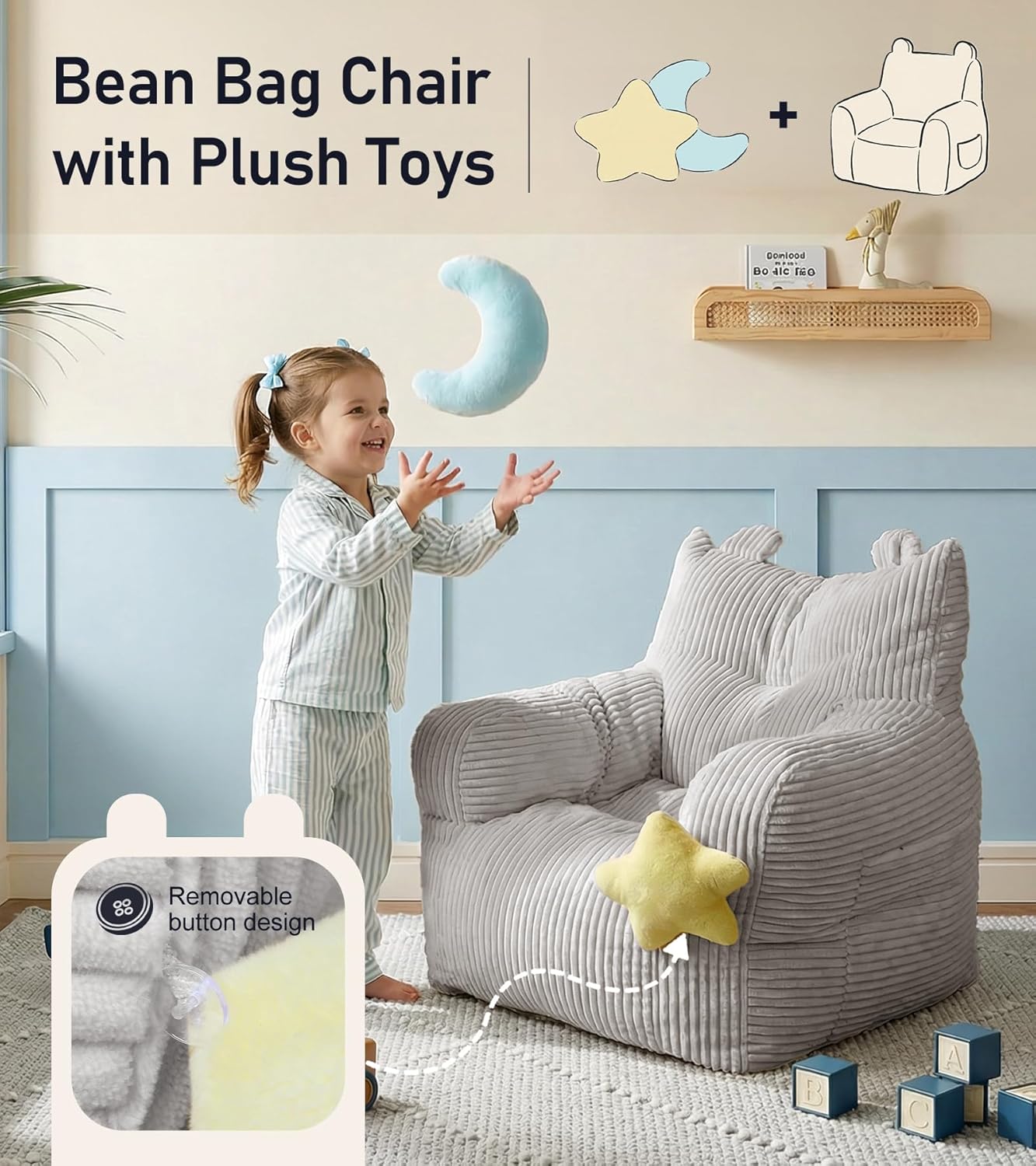 little dove Bean Bag Chairs for Kids, Comfy Bean Bag Chair with 2 Plush Toys, Toddler Chair with Pocket, Stuffed Lazy Sofa with Filler for Boys and Girls, Kids Chairs for Gaming, Reading, Grey