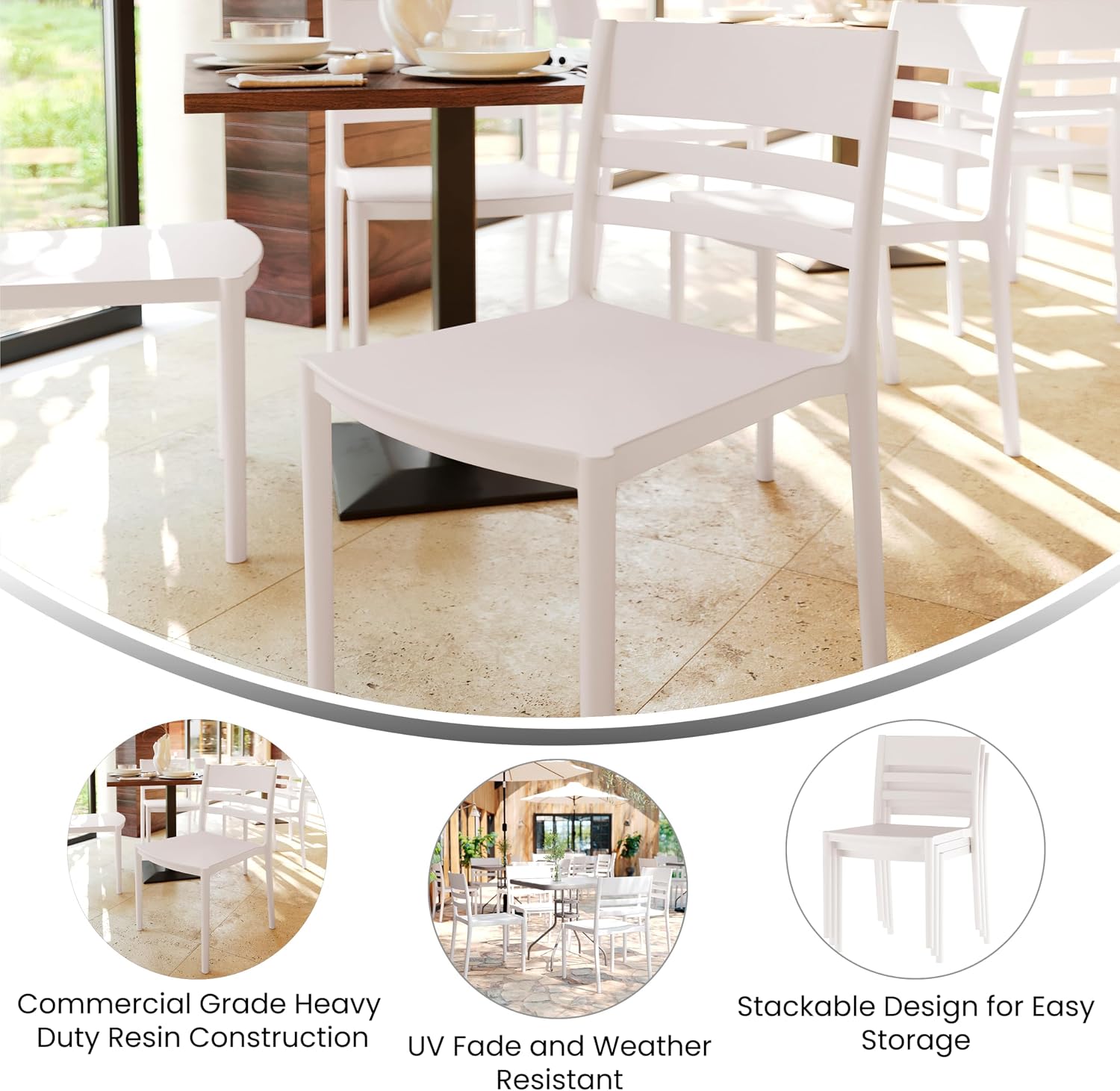 Flash Furniture Bridgeport Slat Back Patio Chair with Contoured Seat, Commercial All-Weather Stacking Resin Chair, UV Resistant, Indoor-Outdoor, White, Set of 4
