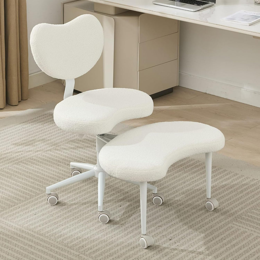 Ergonomic Cross Legged Office Chair with Wheels, Criss Cross Chair with Plus Cushion, 360° Swivel Meditation Chairs, ADHD Chairs with Height Adjustable Seat, Lumbar Back Support, Teddy Fabric, Ivory