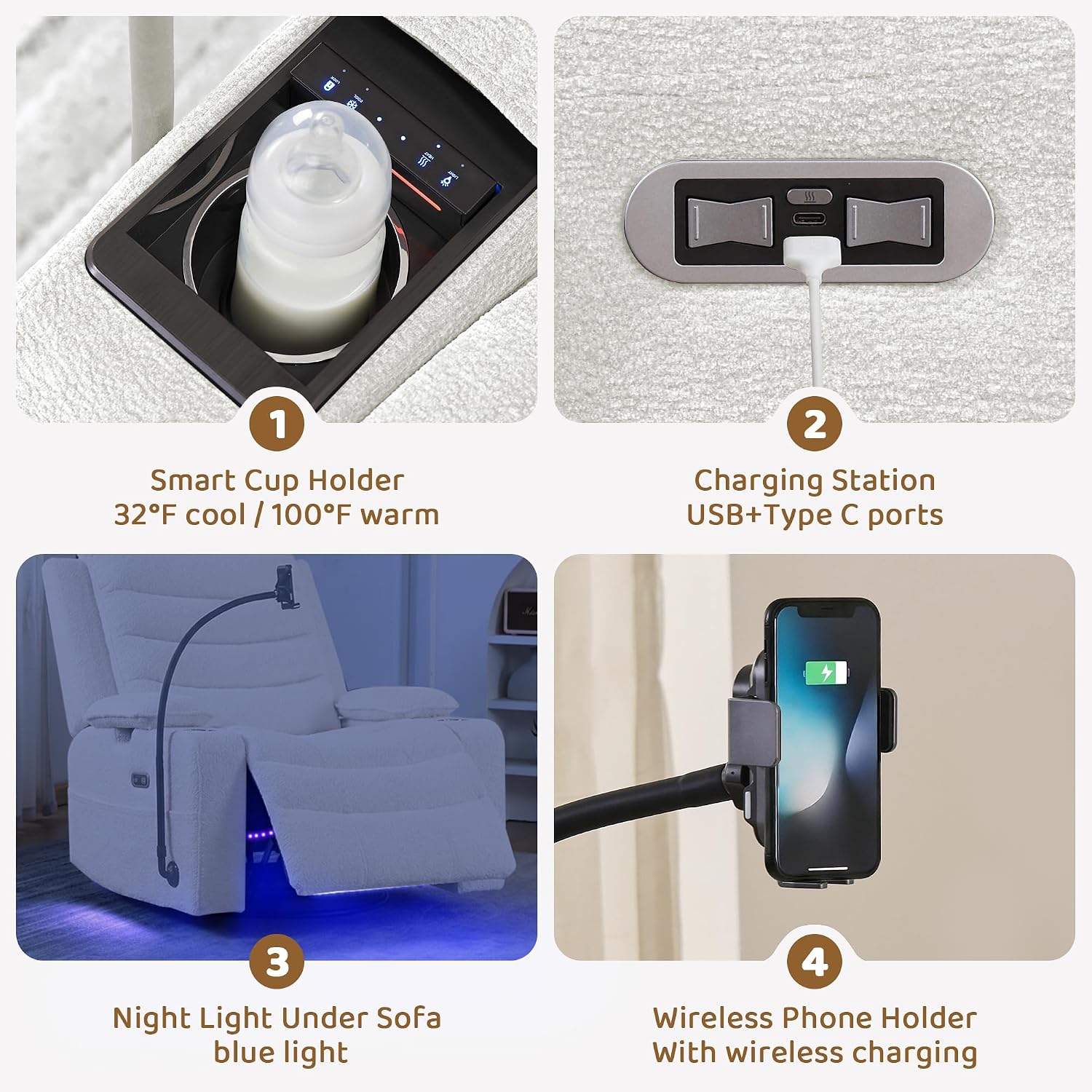Olela Power Glider Recliner Nursery Chair, Swivel Rocking Chair with Electric Lumbar Support, USB Charging, Smart Cup Holder, Light, Adjustable Armrest, Wireless Phone Charger Holder, Chenille