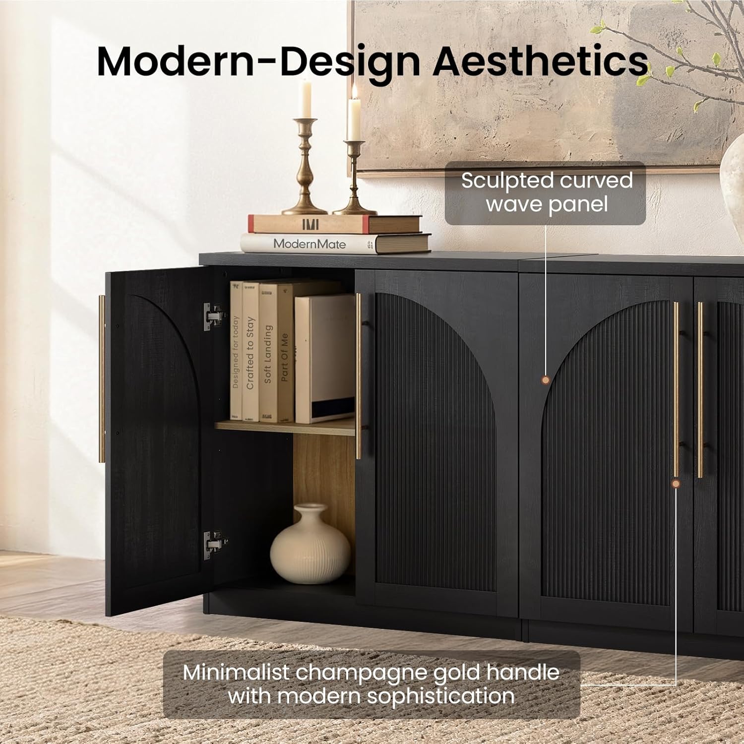 ModernMate Arched Sideboard Cabinet, Black Wood Grain Buffet Table with Wave-Panel Doors and Soft-Close Hinges, 31" Modular Storage Credenza for Entryway, Hallway & Living Room