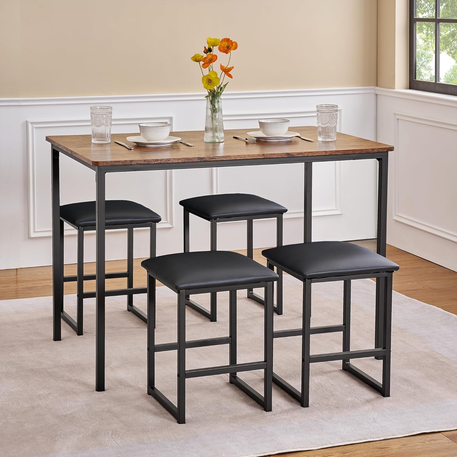 VECELO Kitchen Table and Chairs for 4, Dining Room Set with PU Chairs/Stools, Heavy-Duty Metal Frame, Wooden Tabletop, Space-Saving Design for Small Spaces, Easy Assembly, Walnut Brown