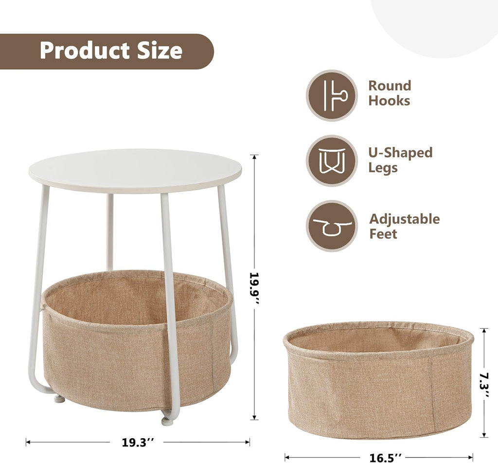 Round Side Table, End Tables for Living Room, Small Bed Side Table, Modern White Night Stand for Bedside, Nursery, Bedroom with Cloth Storage Basket