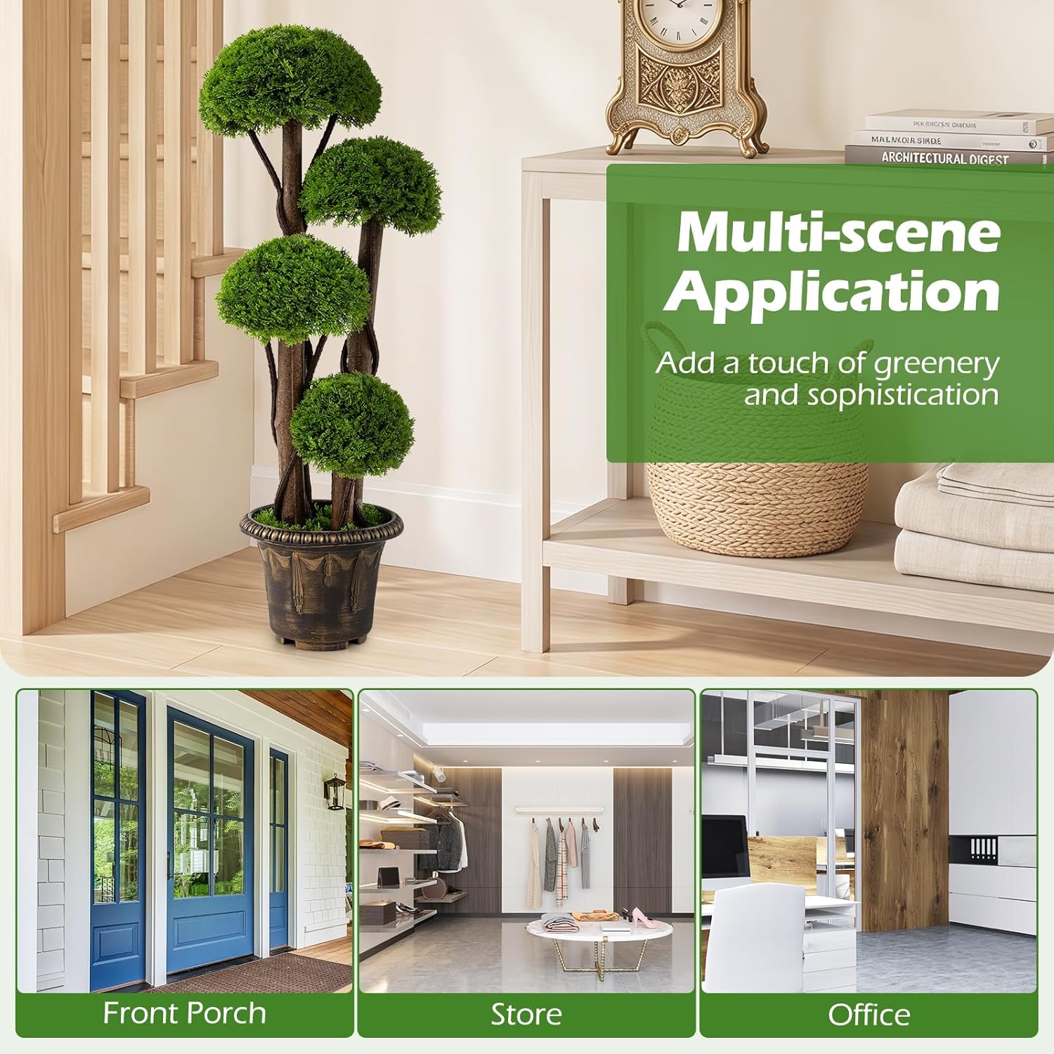 Goplus 3 FT Artificial Cypress Topiary Ball Tree, Faux Greenery Plant with Cement-Filled Planter, Vines, Real Wood Trunks, Indoor Outdoor Fake Shrub Plant for Office Home Front Porch Decor (2 Pack)