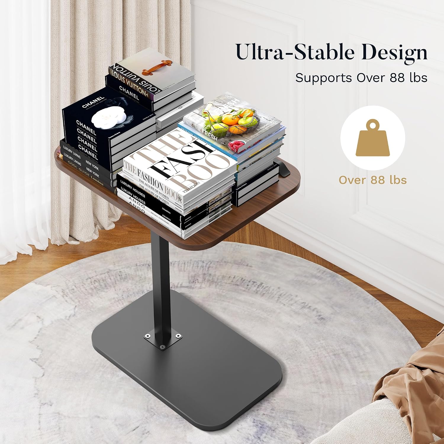 ENNVA Side Table for Couch, Adjustable Height C Shaped End Table, Narrow Sofa Side Table for Living Room & Bedside, Brown Wooden Top with Black Metal Base
