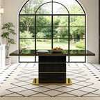 SSLine 70" Modern High Gloss Dining Table for 6, Black Wooden Tabletop with Gold Stainless Steel Trim, Geometric Pedestal Base, Luxury Elegant Kitchen Table for Home Office Dining Room