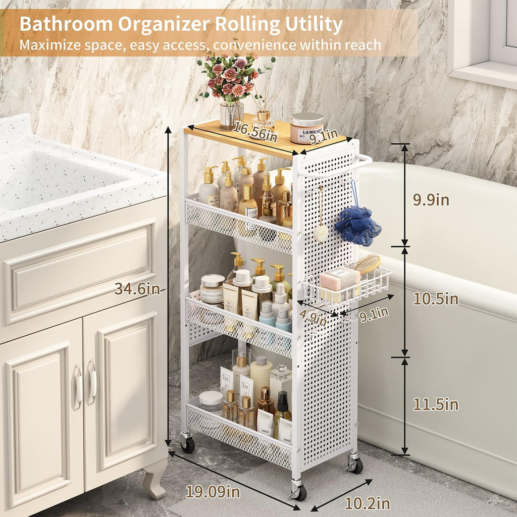 Slim Storage Rolling Cart: 4-Tier Narrow Metal & Wood Utility Cart with Wheels for Kitchen/Laundry/Bathroom(White)