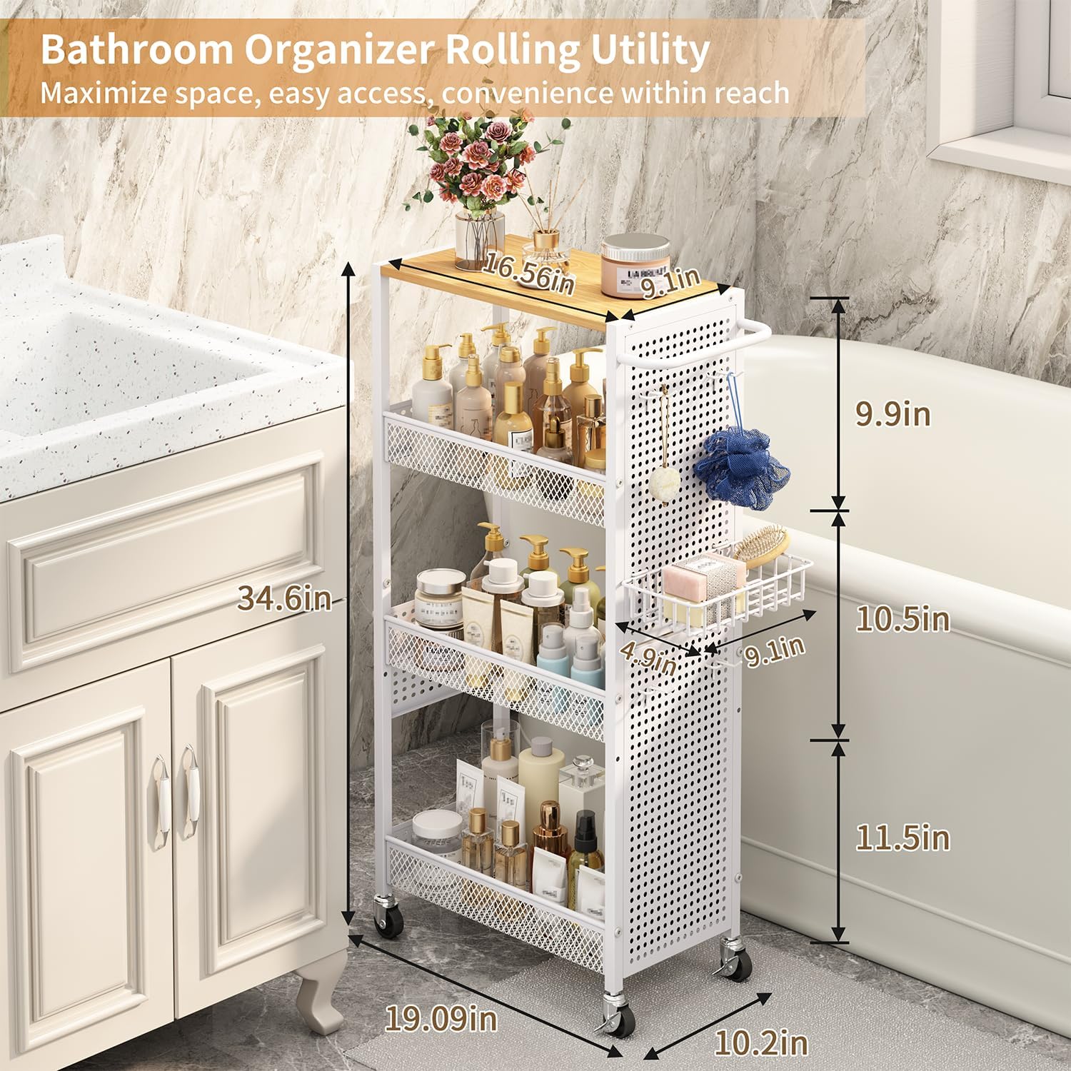 Slim Storage Rolling Cart: 4-Tier Narrow Metal & Wood Utility Cart with Wheels for Kitchen/Laundry/Bathroom(White)