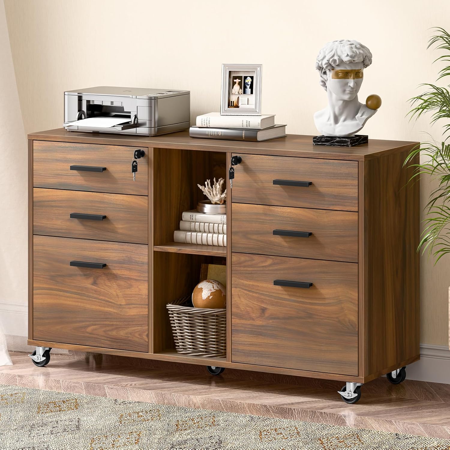 Halitaa Lateral File Cabinet with Lock, Large Mobile Storage Filing Cabinet with 6 Drawers Fits Files Letter/A4 Size, Rolling Printer Stand with Open Storage Adjustable Shelf for Home Office, Brown