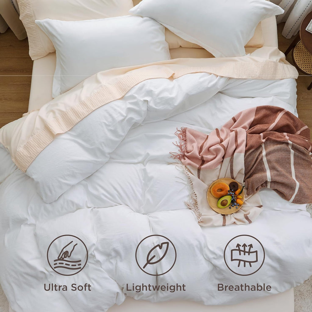 Bedsure White Duvet Cover Queen Size - 3 Pieces Prewashed Cotton-Like Polyester Extra Soft Bedding Set, Includes 1 Duvet Cover 90x90 Inches with Zipper Closure & 2 Pillow Shams, Comforter Not Included